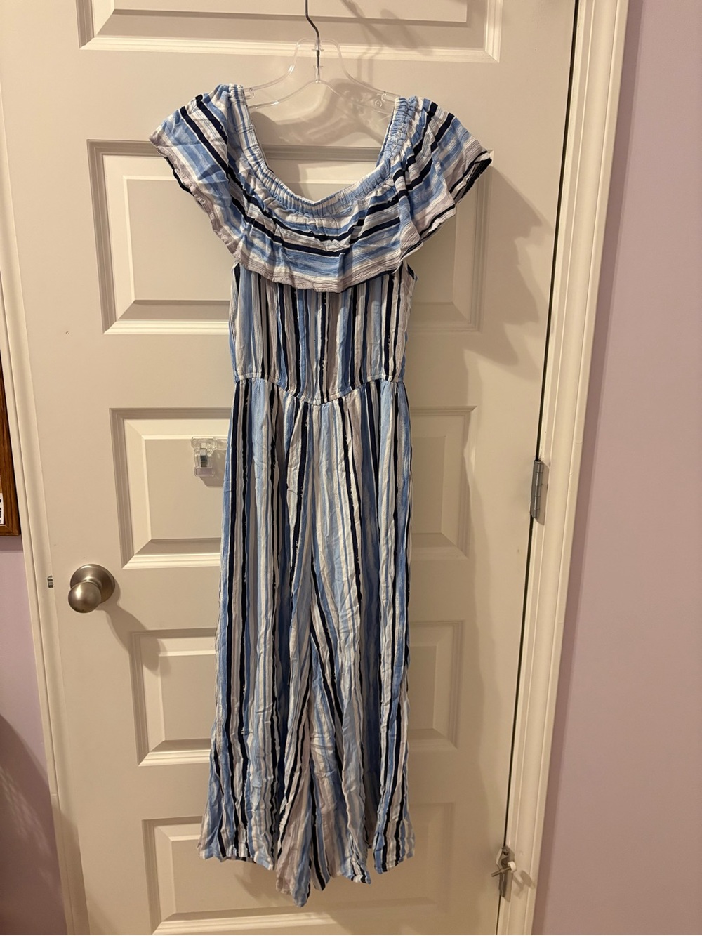 Liberty Love Blue & White Striped Off-Shoulder Romper